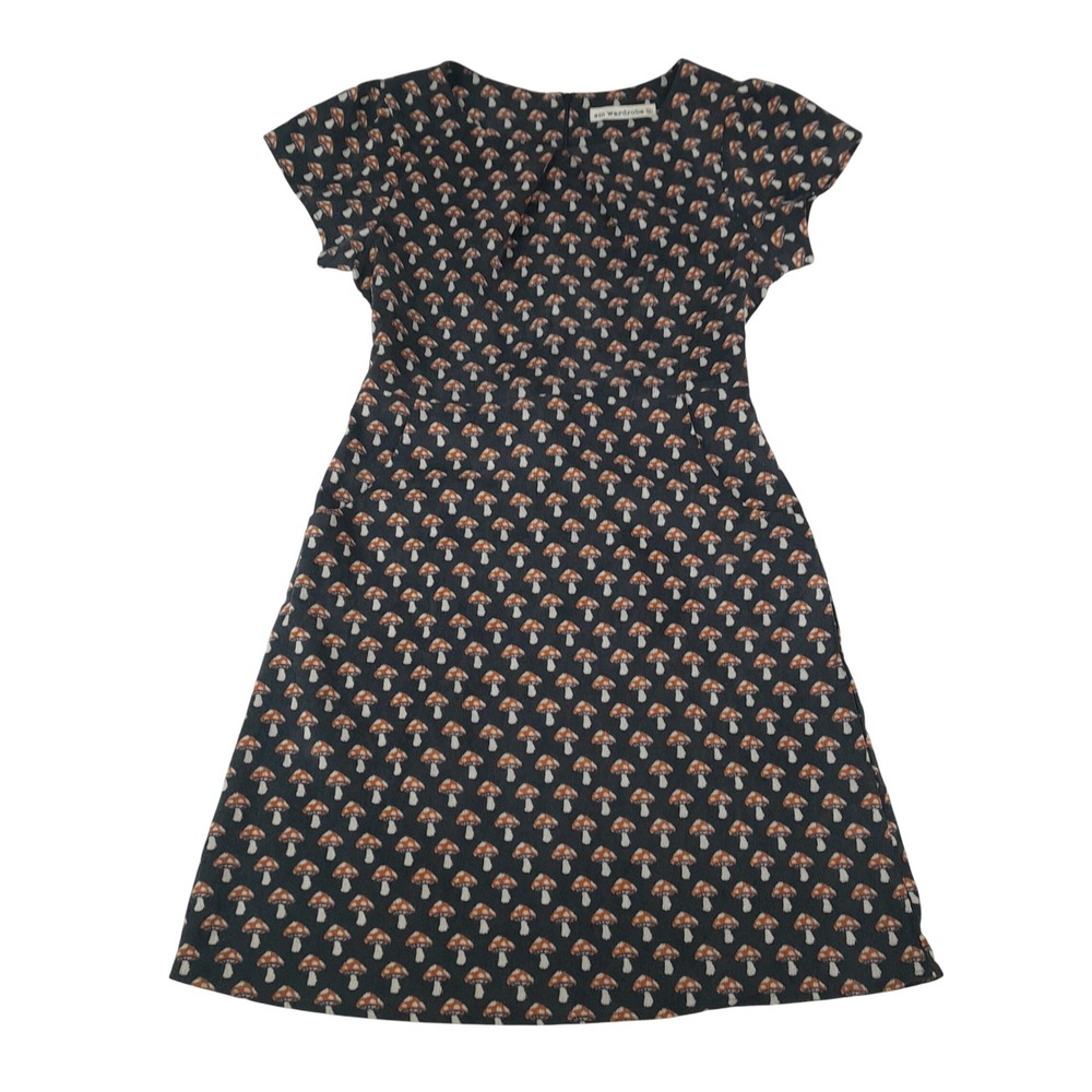 Mushroom Print Dress Medium Black Allover Print Corduroy A-Line 60sRetro Hippie